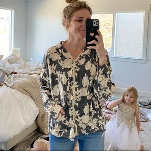 Ivory + Grey Silhouette Floral Zip Up Hoodie